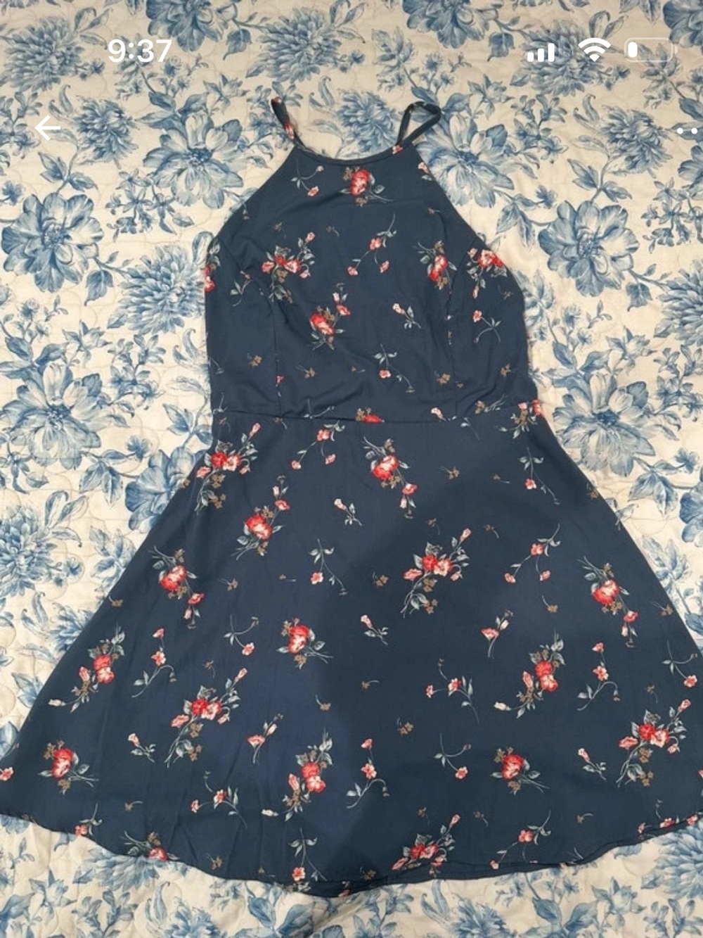 Lulu's Navy Floral Halter Sundress with Red Accents